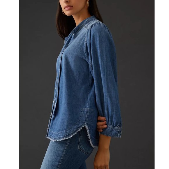 Anthropologie Pilcro Blue Denim Tie-Neck Blouse - XXS 2XS 00 - Picture 3 of 10